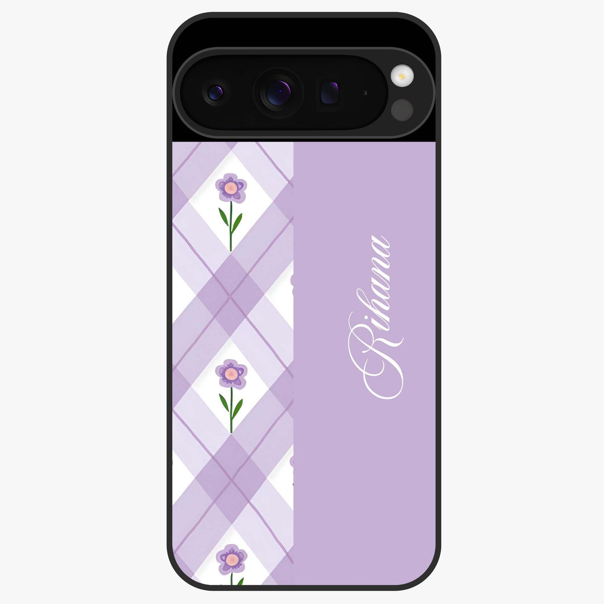 Purple Diamond Floral Glass Case showing flat back view with diamond shaped floral artwork and glossy glass finish.