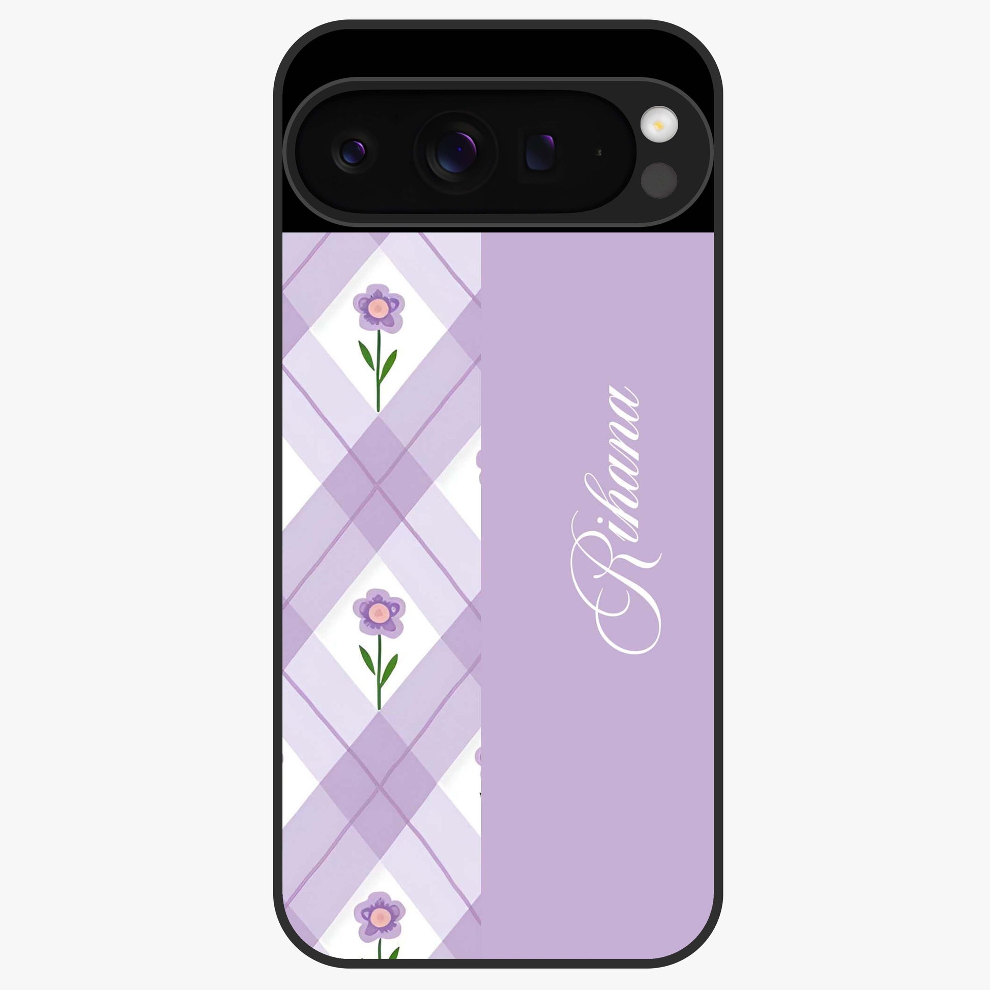 Purple Diamond Floral Glass Case showing flat back view with diamond shaped floral artwork and glossy glass finish.