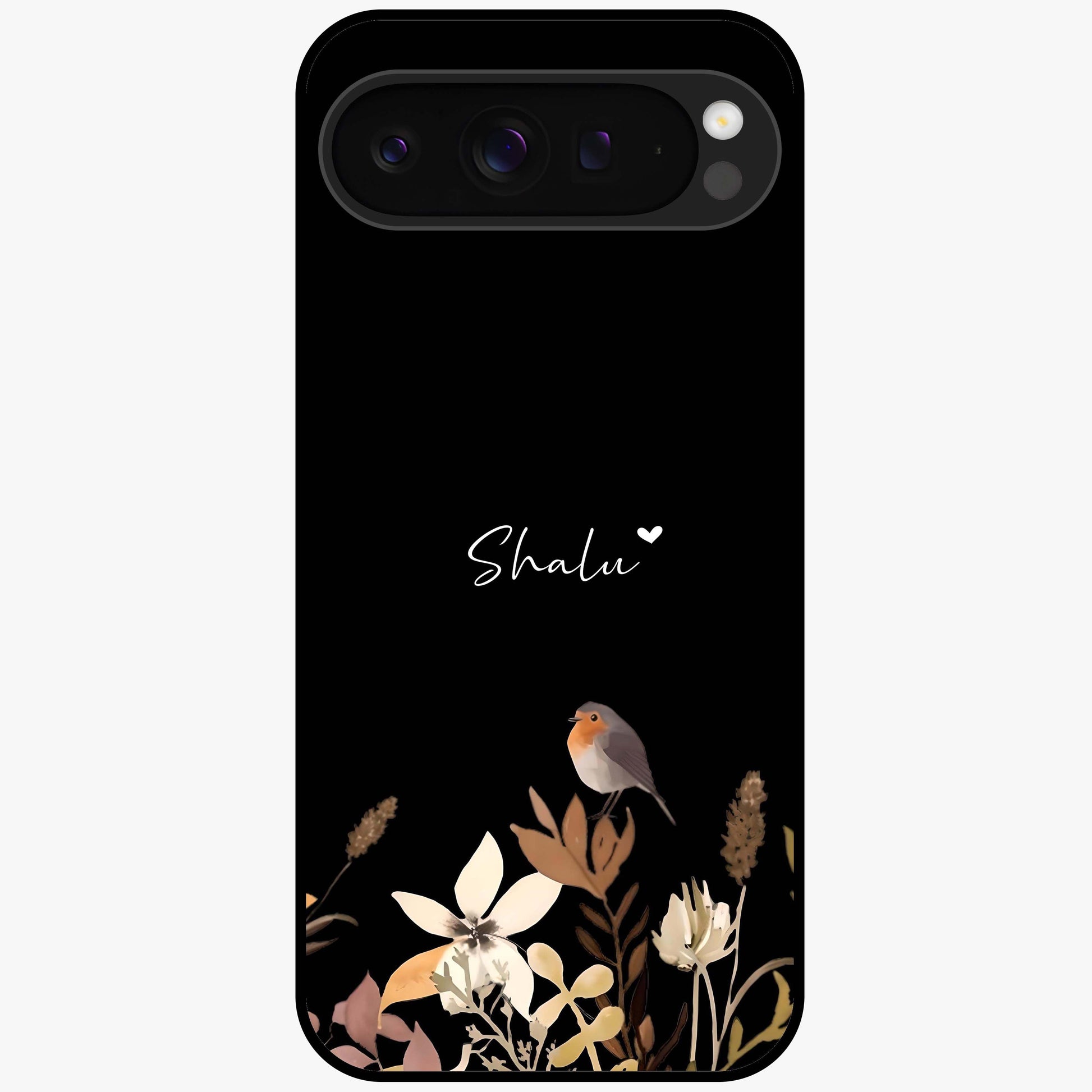 Quiet Garden Tune Custom Name Glass Case showing flat back view with peaceful garden artwork and personalized name design.