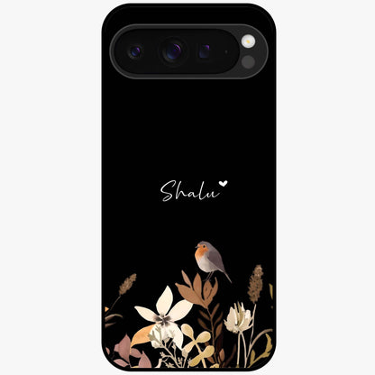 Quiet Garden Tune Custom Name Glass Case showing flat back view with peaceful garden artwork and personalized name design.