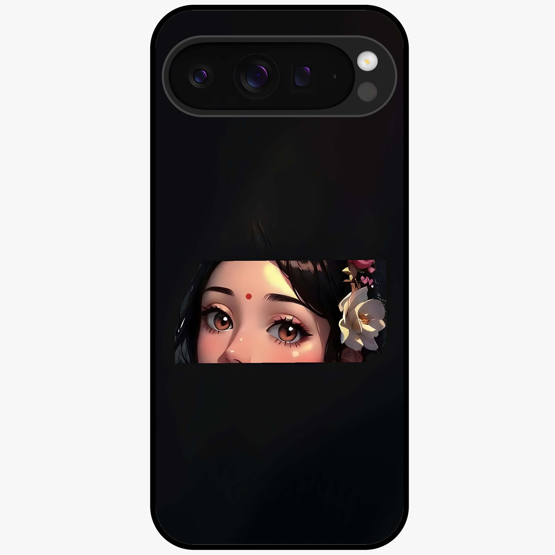 Radha Divine Embrace Glass Case showing flat back view with devotional Radha artwork and glossy glass finish.