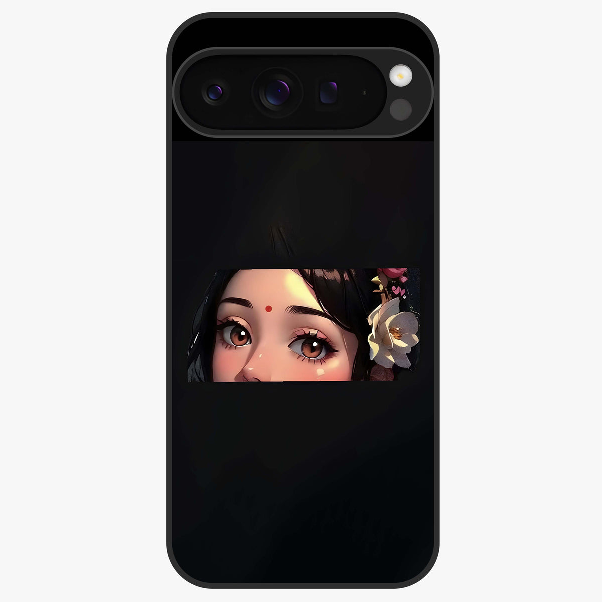 Radha Divine Embrace Glass Case showing flat back view with devotional Radha artwork and glossy glass finish.