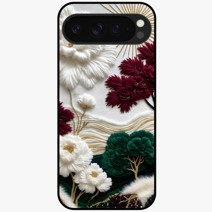 Radiant Bloom Elegance Glass Case showing flat back view with elegant blooming flower artwork and glossy glass finish.