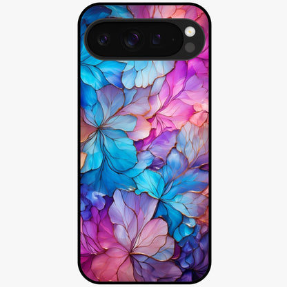 Radiant Floral Whirl Glass Case showing flat back view with swirling floral artwork and glossy glass finish.