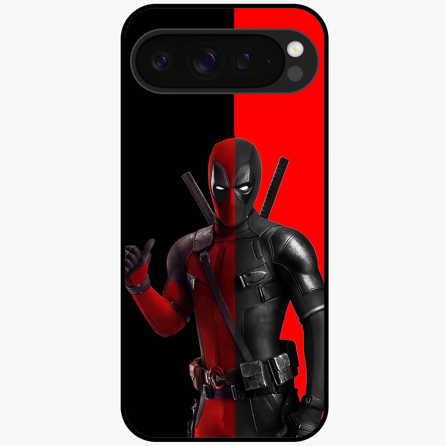 Red & Black Deadpool Theme Glass Case showing flat back view with bold comic inspired artwork and glossy glass finish.