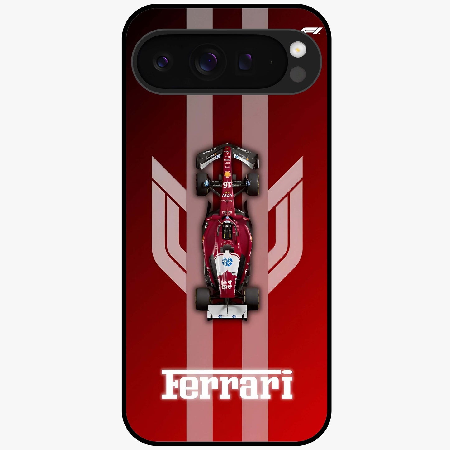 Red Ferrari F1 Vertical Glass Case showing flat back view with sleek Formula racing car artwork and glossy glass finish.
