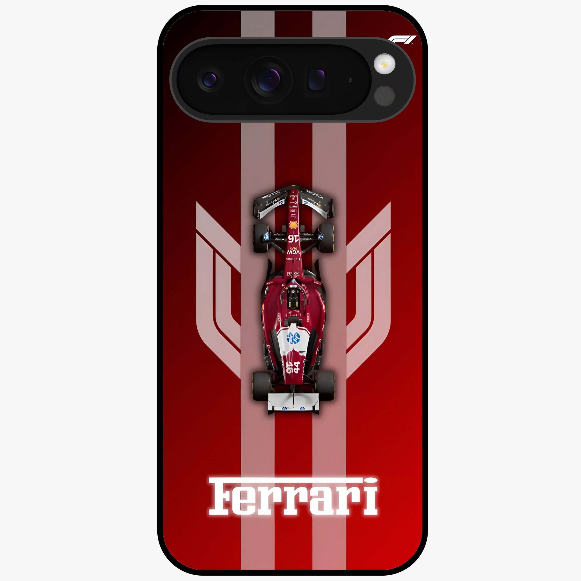 Red Ferrari F1 Vertical Glass Case showing flat back view with sleek Formula racing car artwork and glossy glass finish.