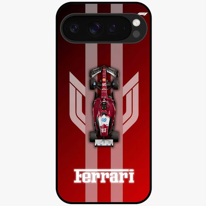 Red Ferrari F1 Vertical Glass Case showing flat back view with sleek Formula racing car artwork and glossy glass finish.