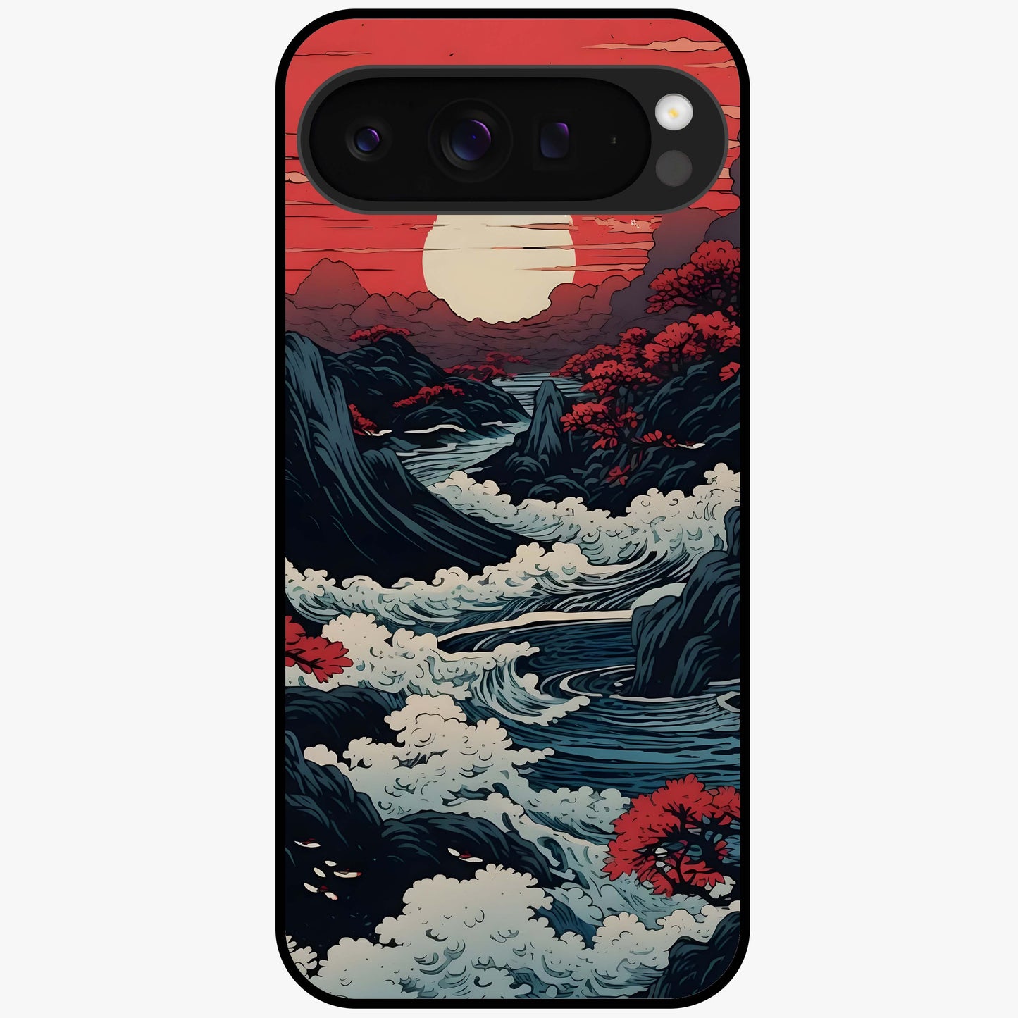 Red Sunset Scenery Glass Case showing flat back view with vibrant sunset landscape artwork and glossy glass finish.