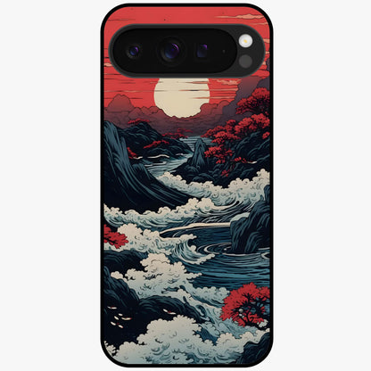 Red Sunset Scenery Glass Case showing flat back view with vibrant sunset landscape artwork and glossy glass finish.