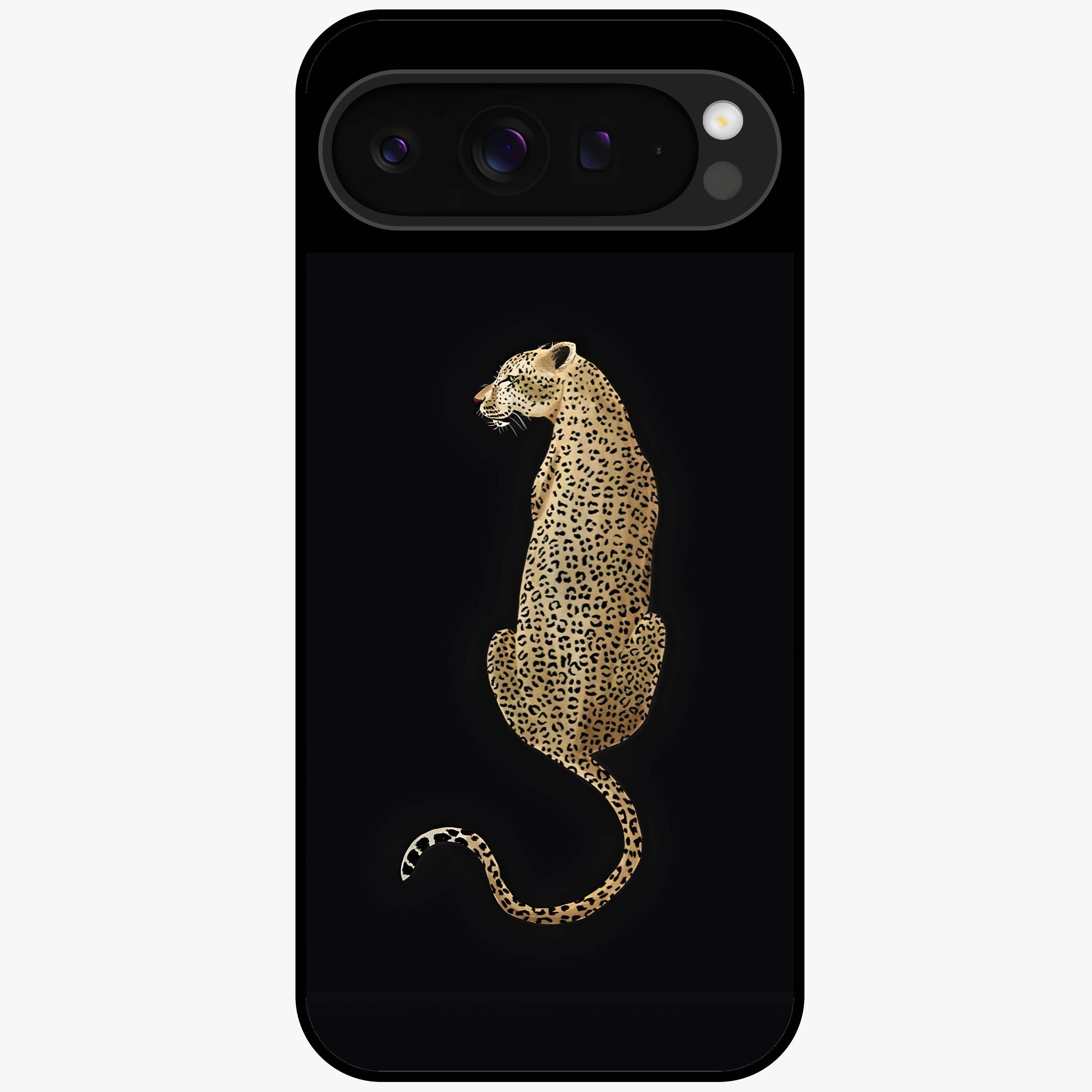 Regal Leopard Glass Case showing flat back view with bold leopard artwork and glossy glass finish.