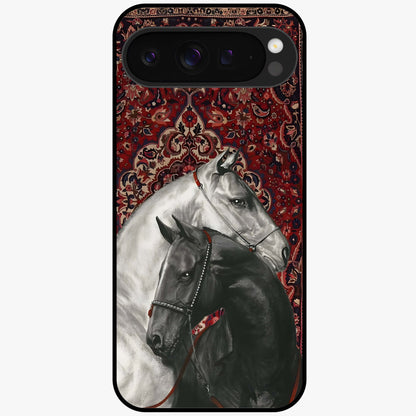 Regal Stallion Tapestry Glass Case showing flat back view with majestic horse tapestry artwork and glossy glass finish.