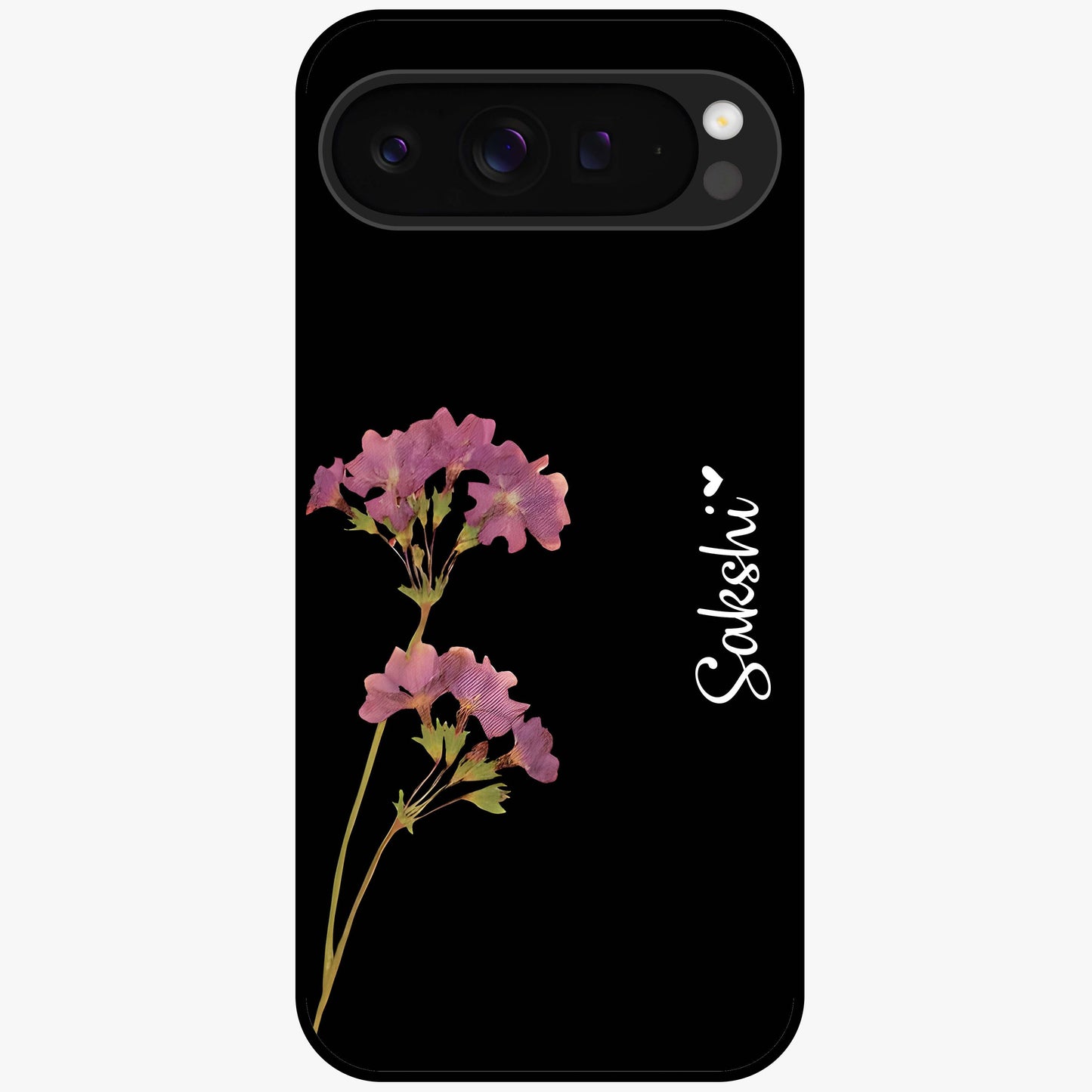 Riching Lavender Flower Custom Name Glass Case showing flat back view with lavender floral artwork and personalized name design.