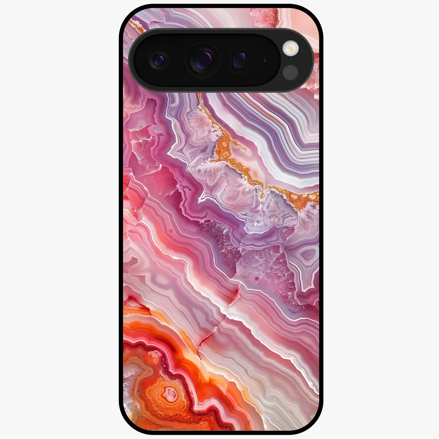 Rose Quartz Marble Glass Case showing flat back view with pink marble quartz texture artwork and glossy glass finish.