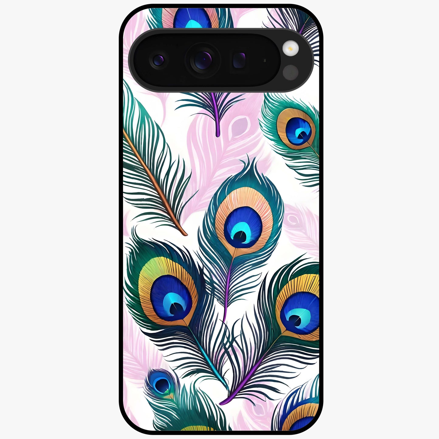 Royal Peacock Feathers Glass Case showing flat back view with colorful peacock feather artwork and glossy glass finish.