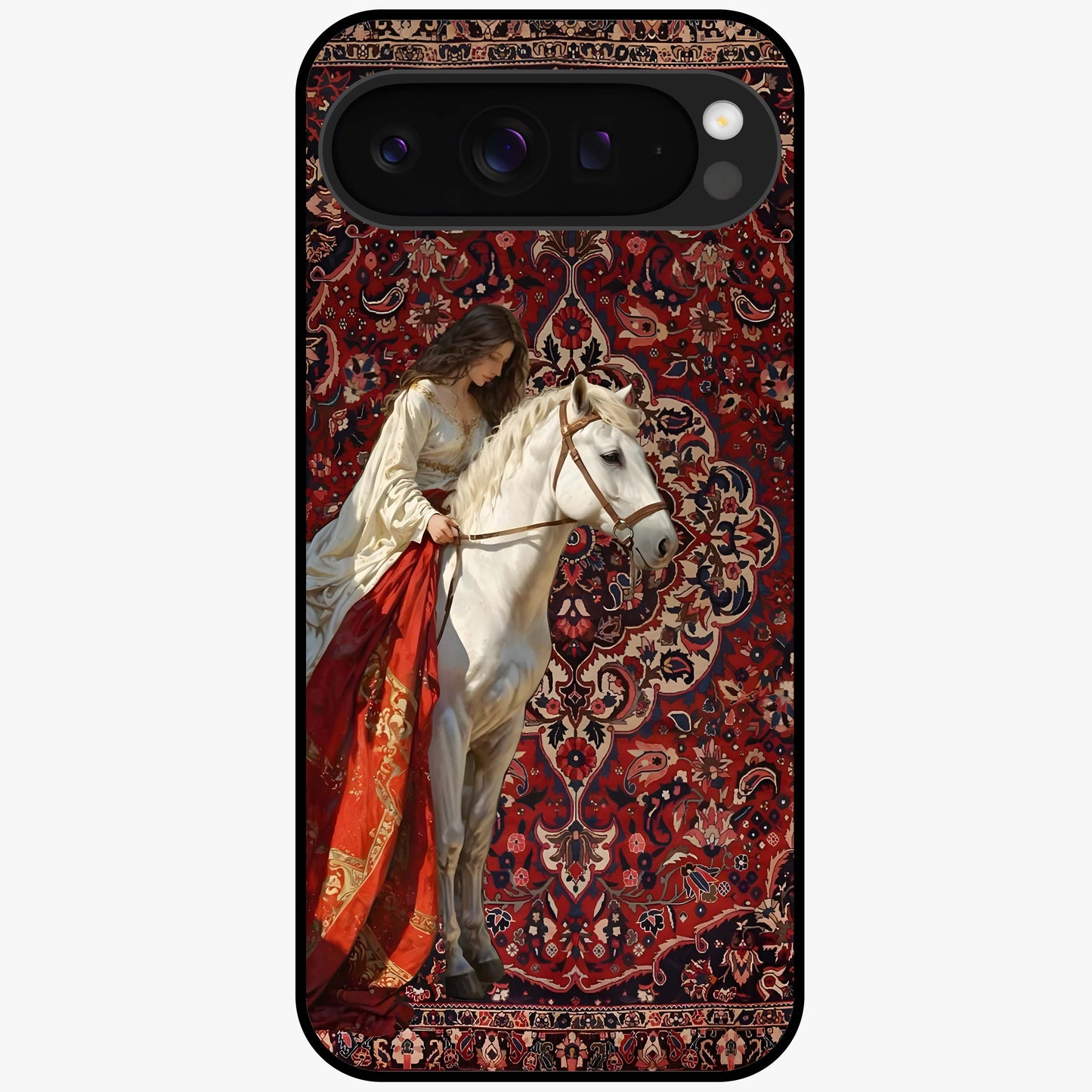 Royal Rider Tapestry Glass Case showing flat back view with majestic horse rider tapestry artwork and glossy glass finish.