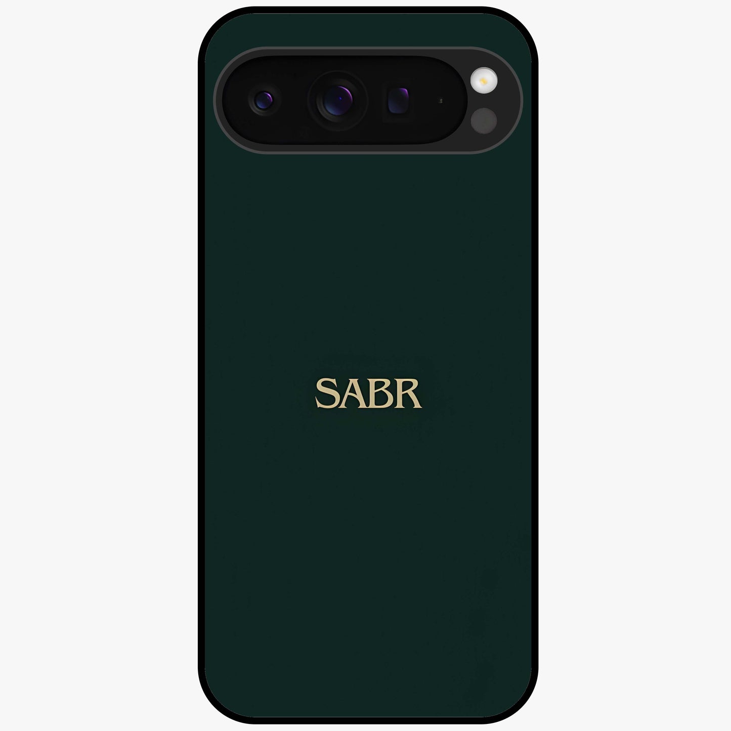 Sabr Minimal Patience Glass Case showing flat back view with minimalist typography artwork and glossy glass finish.