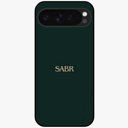 Sabr Minimal Patience Glass Case showing flat back view with minimalist typography artwork and glossy glass finish.