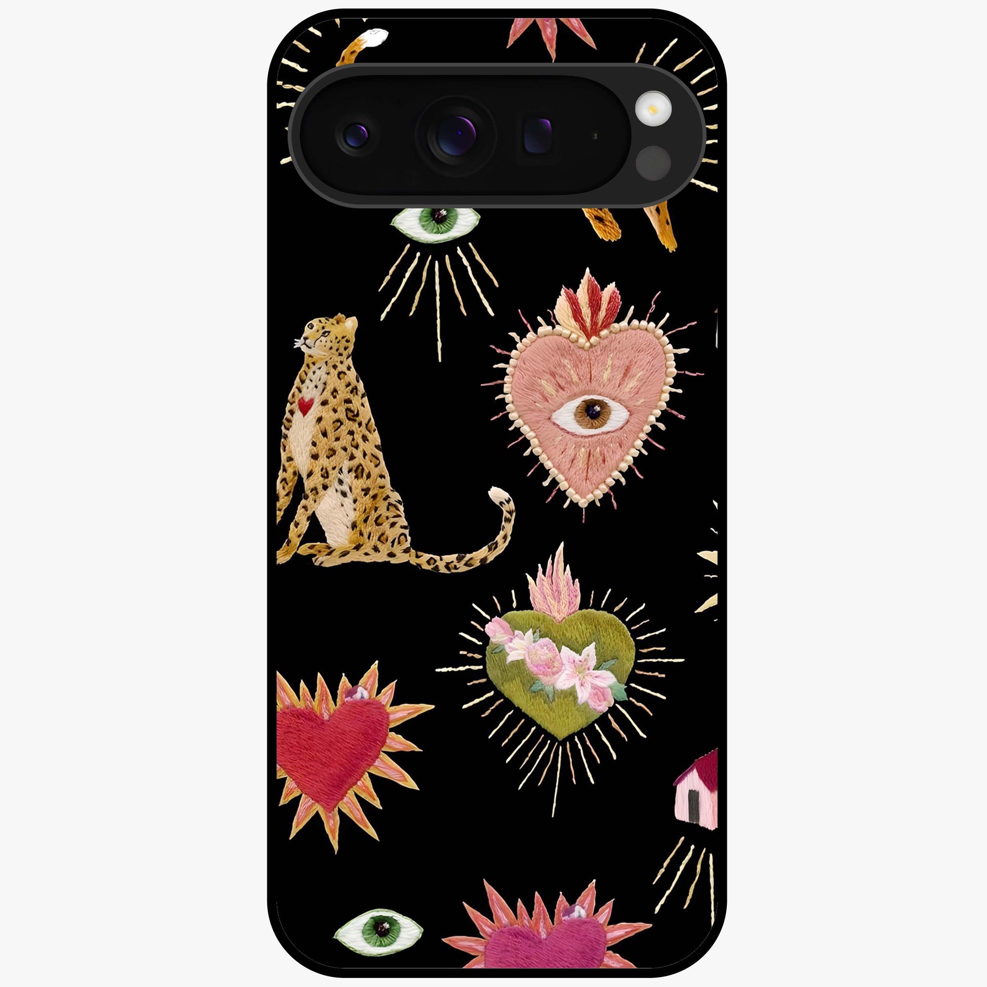 Sacred Jungle Heart Glass Case showing flat back view with jungle inspired heart artwork and glossy glass finish.