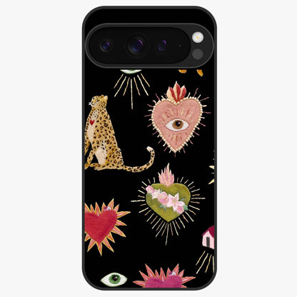 Sacred Jungle Heart Glass Case showing flat back view with jungle inspired heart artwork and glossy glass finish.