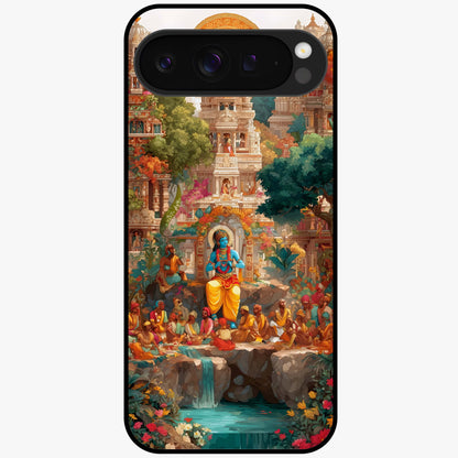 Sacred Sunlight Gods Glass Case showing flat back view with divine sunlight themed artwork and glossy glass finish.