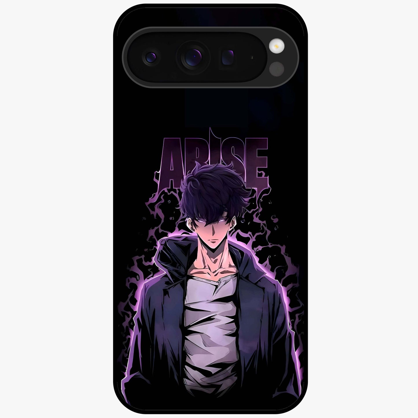 Shadow Monarch Awakening Glass Case showing flat back view with powerful dark monarch themed artwork and glossy glass finish.