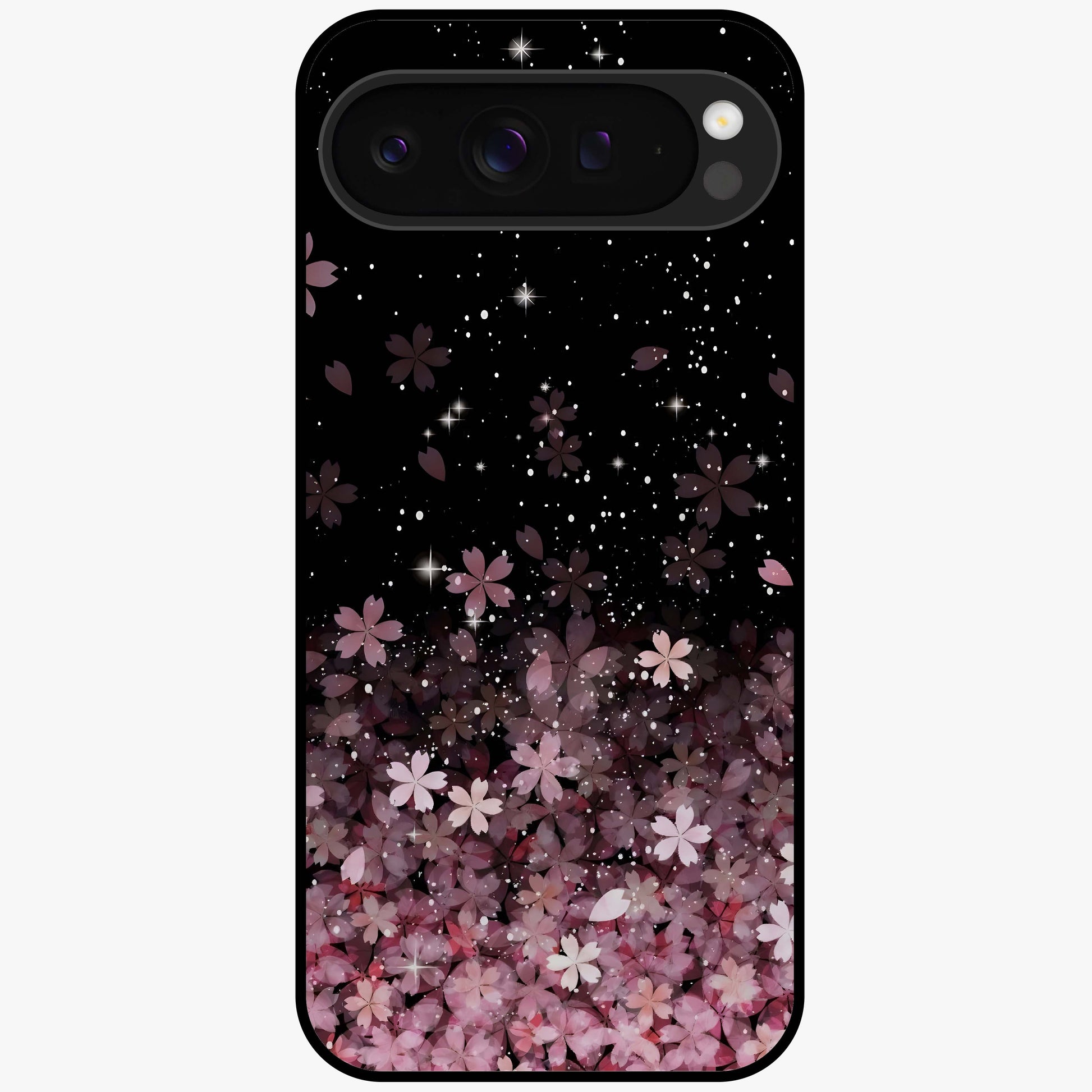 Small Starry Flowers Glass Case showing flat back view with delicate starry floral artwork and glossy glass finish.