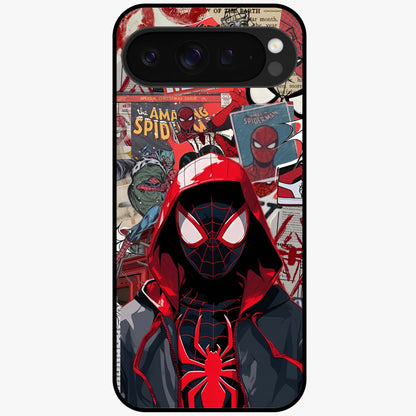 Spider Collage Street Glass Case showing flat back view with vibrant superhero collage artwork and glossy glass finish.
