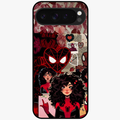 Spider Love Story Glass Case showing flat back view with romantic superhero themed artwork and glossy glass finish.