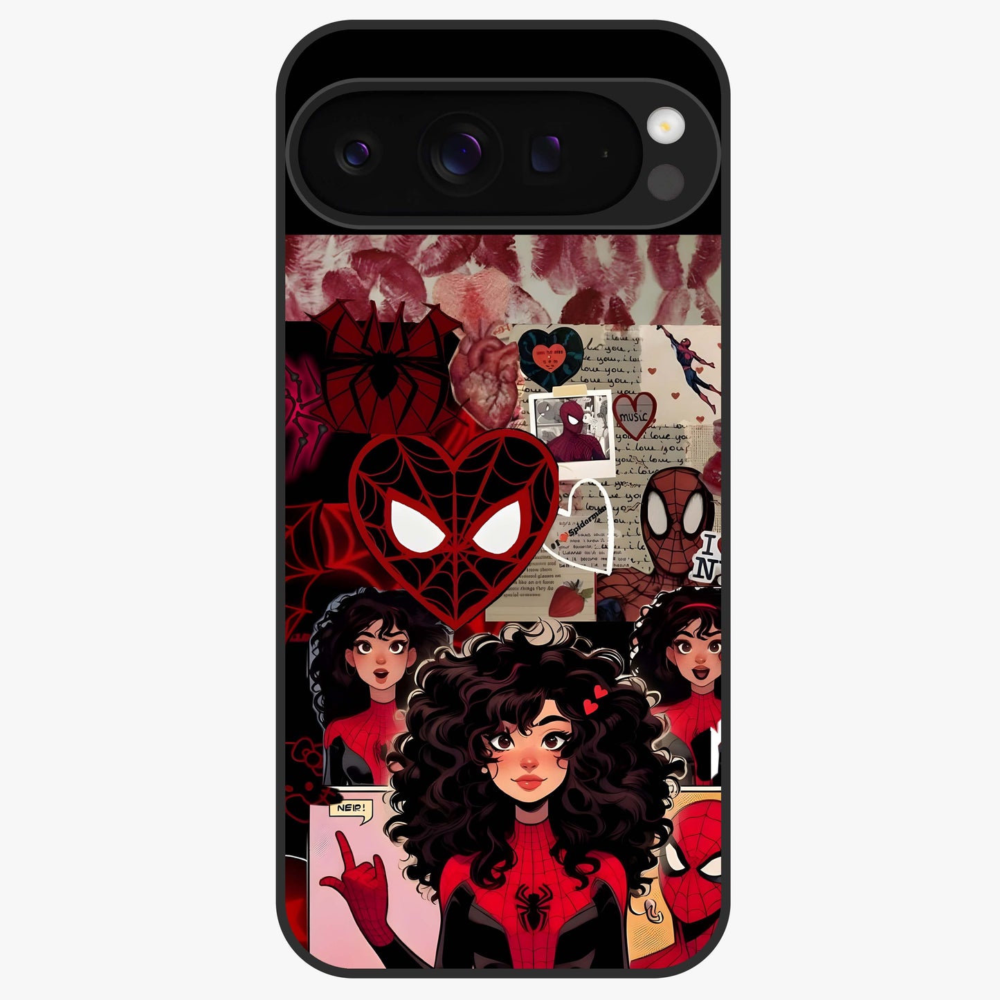 Spider Love Story Glass Case showing flat back view with romantic superhero themed artwork and glossy glass finish.