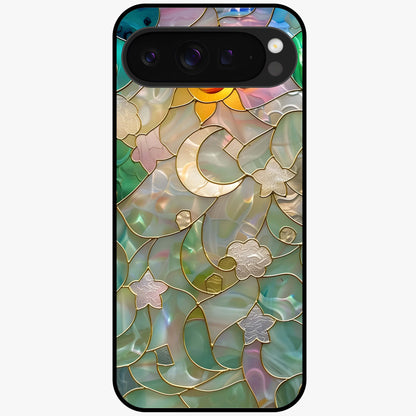 Stained Sunrise Glow Glass Case showing flat back view with glowing sunrise stained pattern artwork and glossy glass finish.