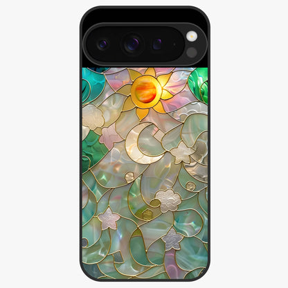 Stained Sunrise Glow Glass Case showing flat back view with glowing sunrise stained pattern artwork and glossy glass finish.