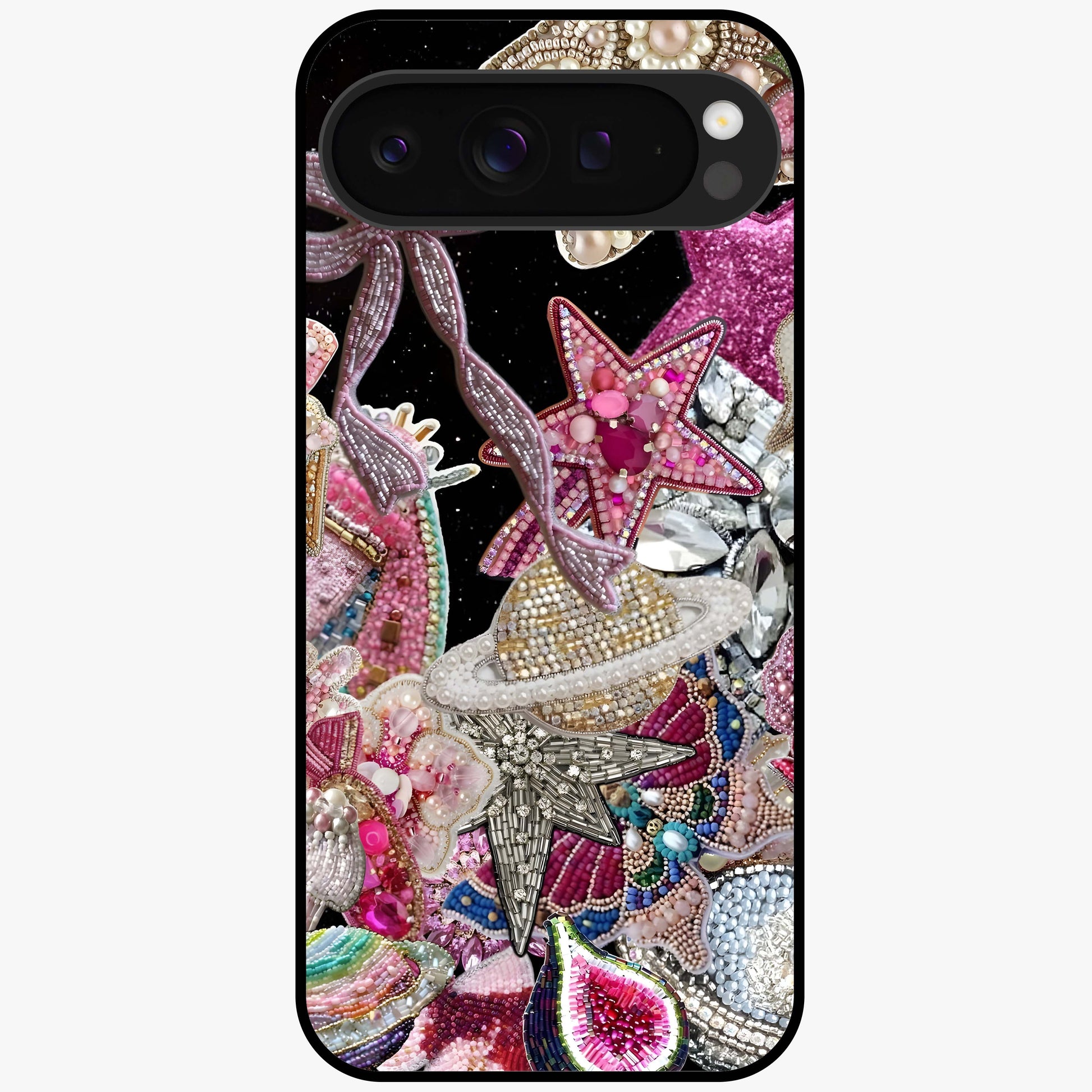 Starlit Jewel Dream Glass Case showing flat back view with sparkling jewel and star themed artwork and glossy glass finish.