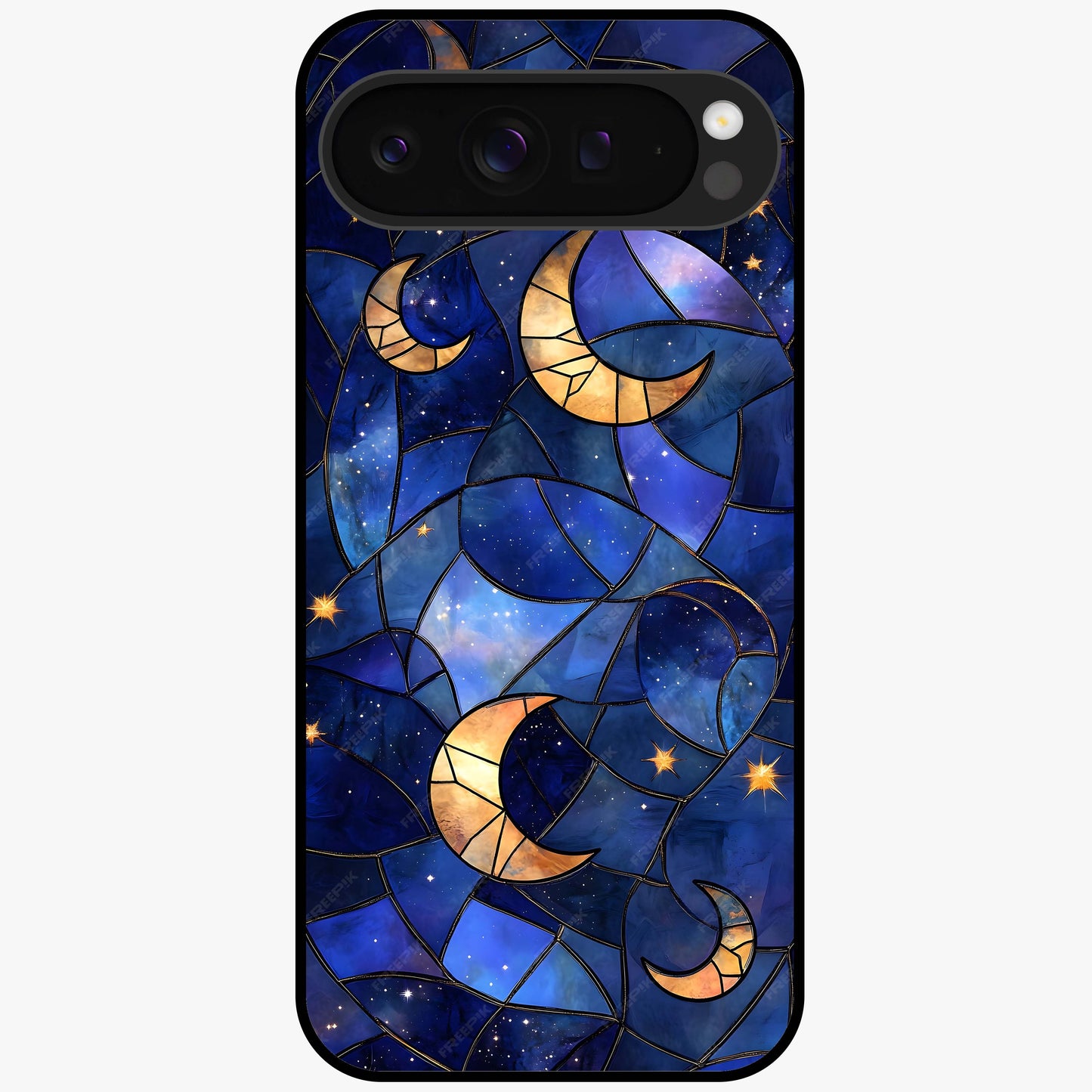 Starlit Sky Tapestry Glass Case showing flat back view with decorative starry sky tapestry artwork and glossy glass finish.