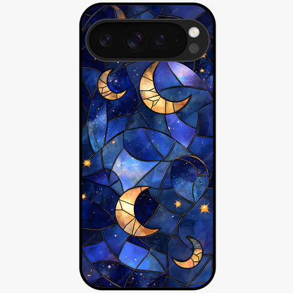 Starlit Sky Tapestry Glass Case showing flat back view with decorative starry sky tapestry artwork and glossy glass finish.