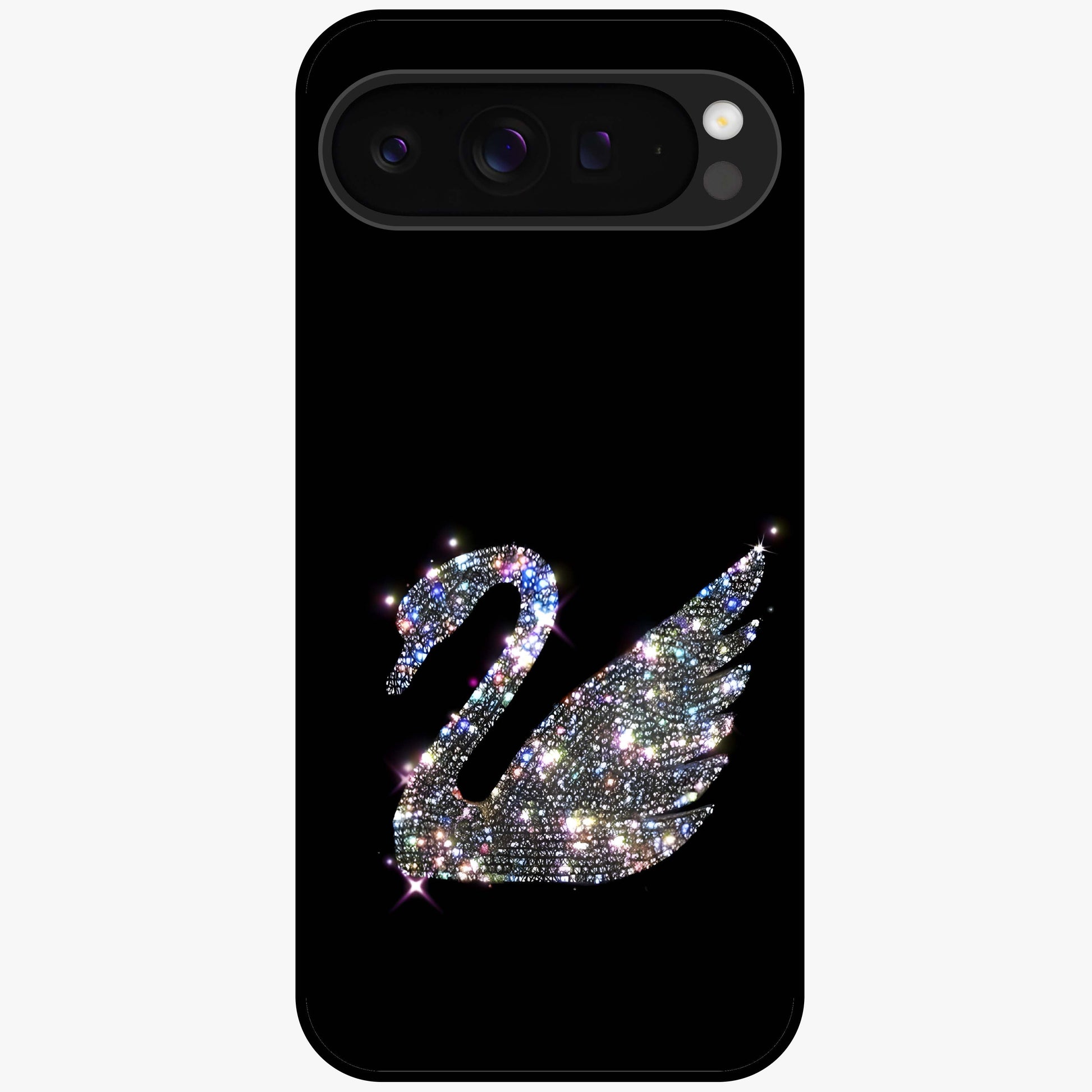Starlit Swan Grace Glass Case showing flat back view with graceful swan artwork under starry sky and glossy glass finish.