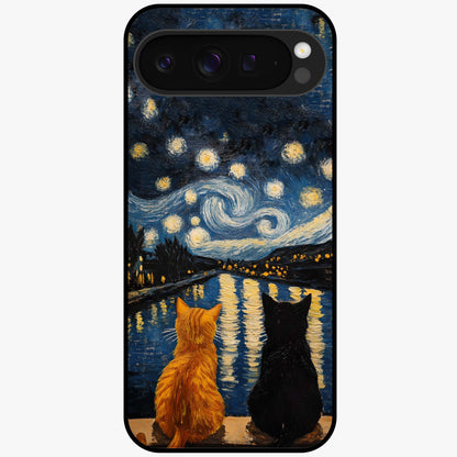 Starry River Cats Glass Case showing flat back view with cats by a starry river artwork and glossy glass finish.