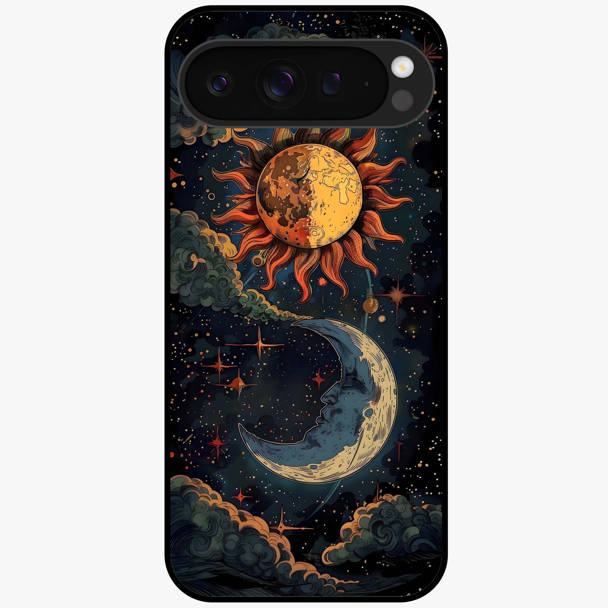 Sun And Moon Magic Design Glass Case showing flat back view with mystical sun and moon artwork and glossy glass finish.