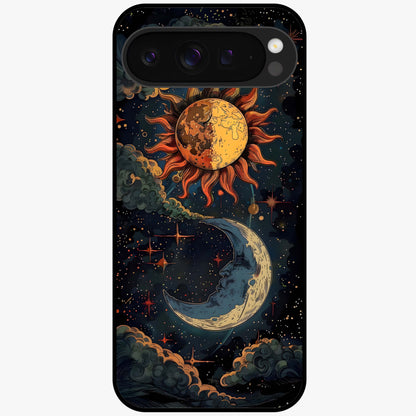 Sun And Moon Magic Design Glass Case showing flat back view with mystical sun and moon artwork and glossy glass finish.