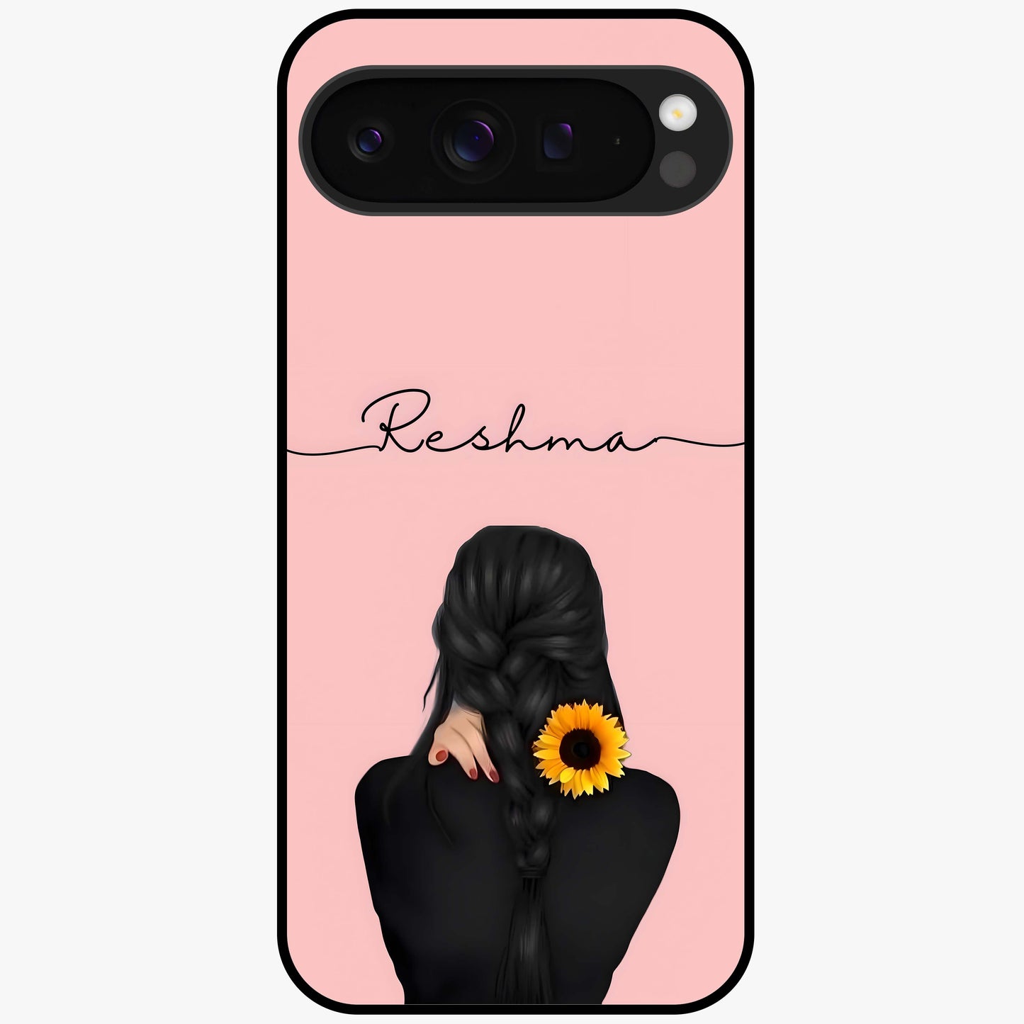 Sunflower Braid Beauty With Custom Name Glass Case showing flat back view with sunflower braid artwork and personalized name design.