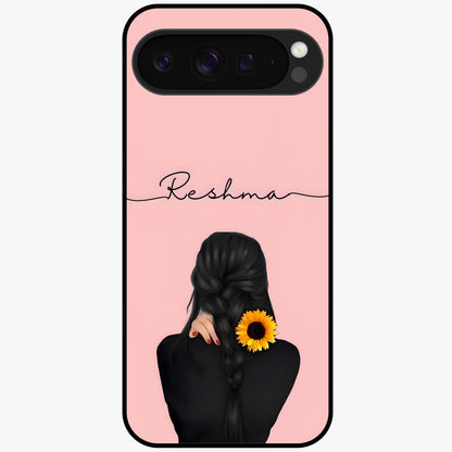 Sunflower Braid Beauty With Custom Name Glass Case showing flat back view with sunflower braid artwork and personalized name design.