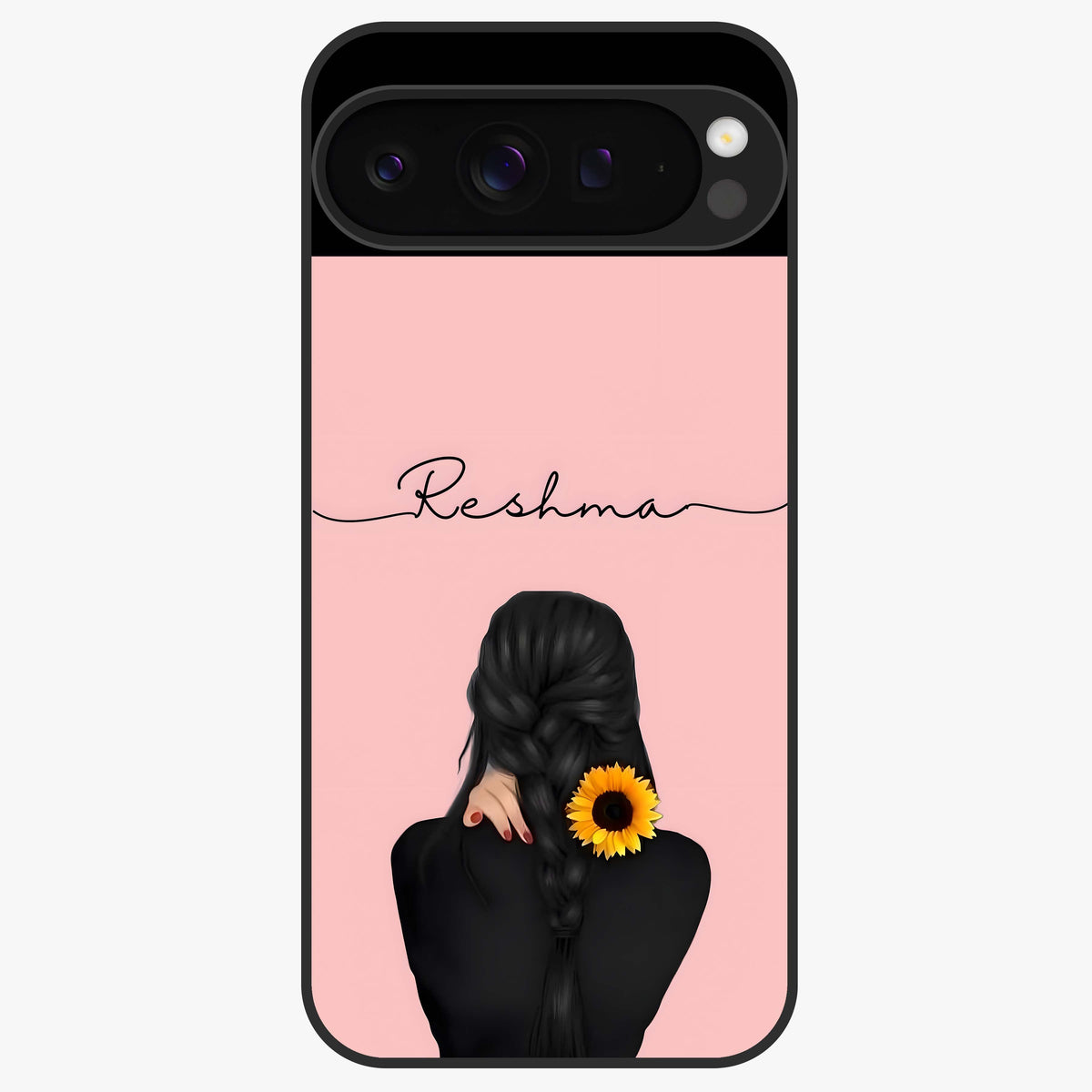 Sunflower Braid Beauty With Custom Name Glass Case showing flat back view with sunflower braid artwork and personalized name design.