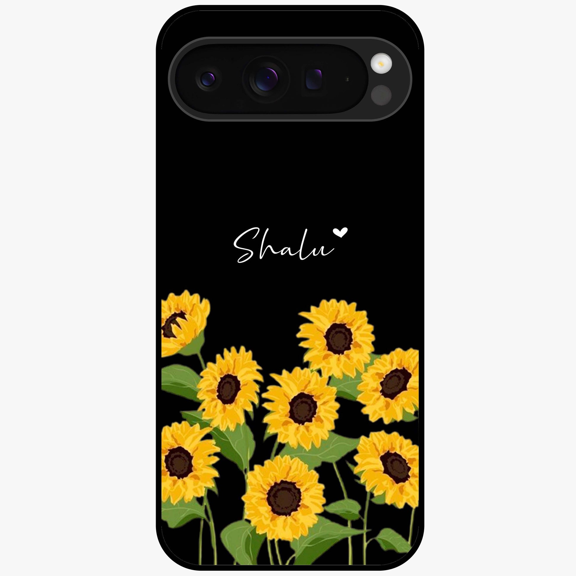 Sunflower Chic Mood Custom Name Glass Case showing flat back view with stylish sunflower artwork and personalized name design.