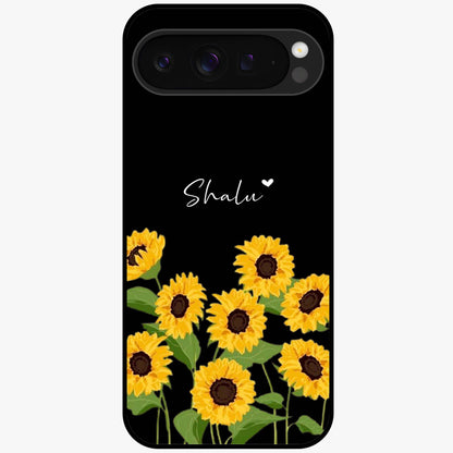 Sunflower Chic Mood Custom Name Glass Case showing flat back view with stylish sunflower artwork and personalized name design.