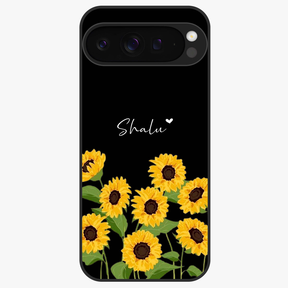 Sunflower Chic Mood Custom Name Glass Case showing flat back view with stylish sunflower artwork and personalized name design.
