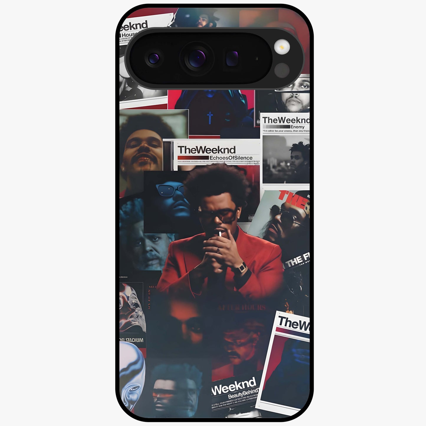 The Weeknd Glass Case showing flat back view with music inspired artistic portrait artwork and glossy glass finish.