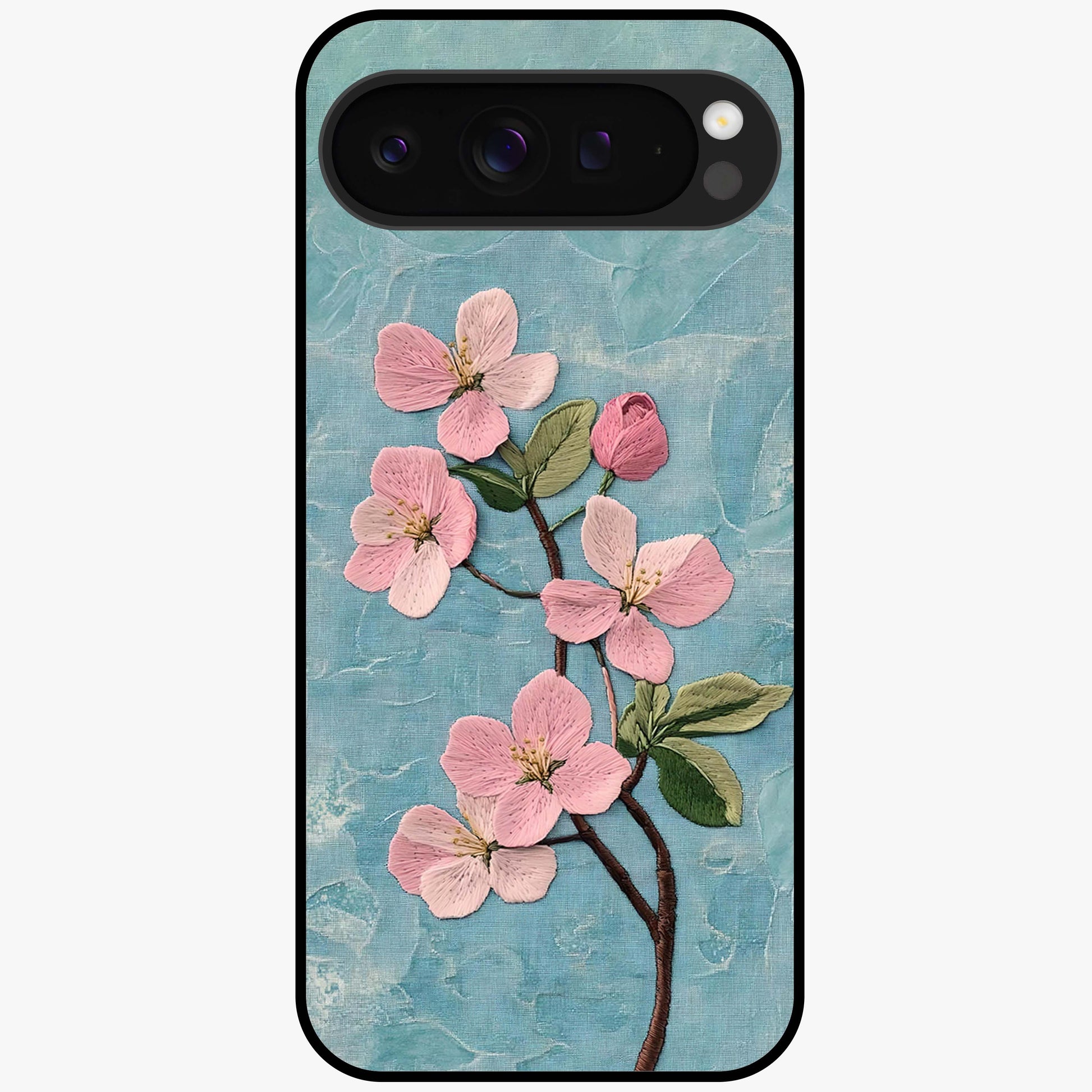 Threaded Blossom Breeze Glass Case showing flat back view with delicate blossom artwork and glossy glass finish.