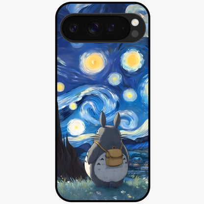 Totoro In Van Gogh Art Glass Case showing flat back view with whimsical character artwork inspired by Van Gogh style and glossy glass finish.