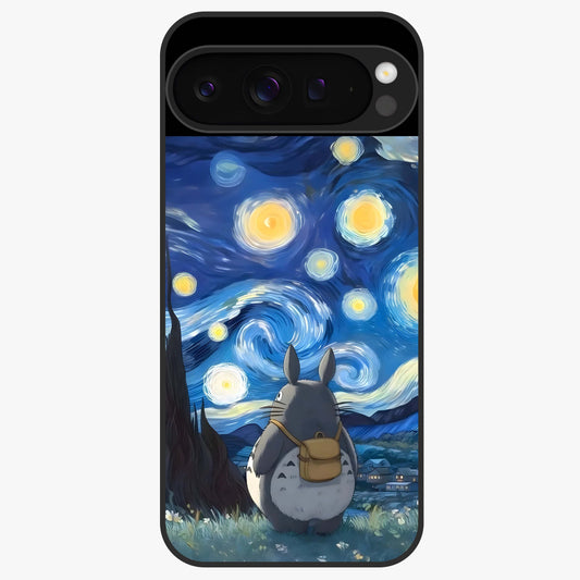 Totoro In Van Gogh Art Glass Case showing flat back view with whimsical character artwork inspired by Van Gogh style and glossy glass finish.