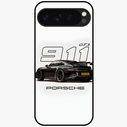 Turbo Legacy Icon Glass Case showing flat back view with iconic sports car inspired artwork and glossy glass finish.